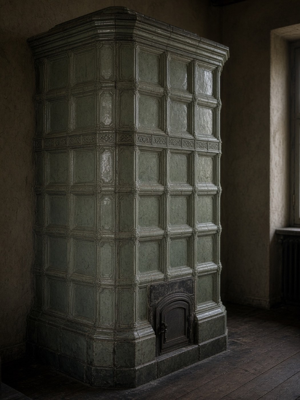 Kachelofen in einem dunklen Zimmer